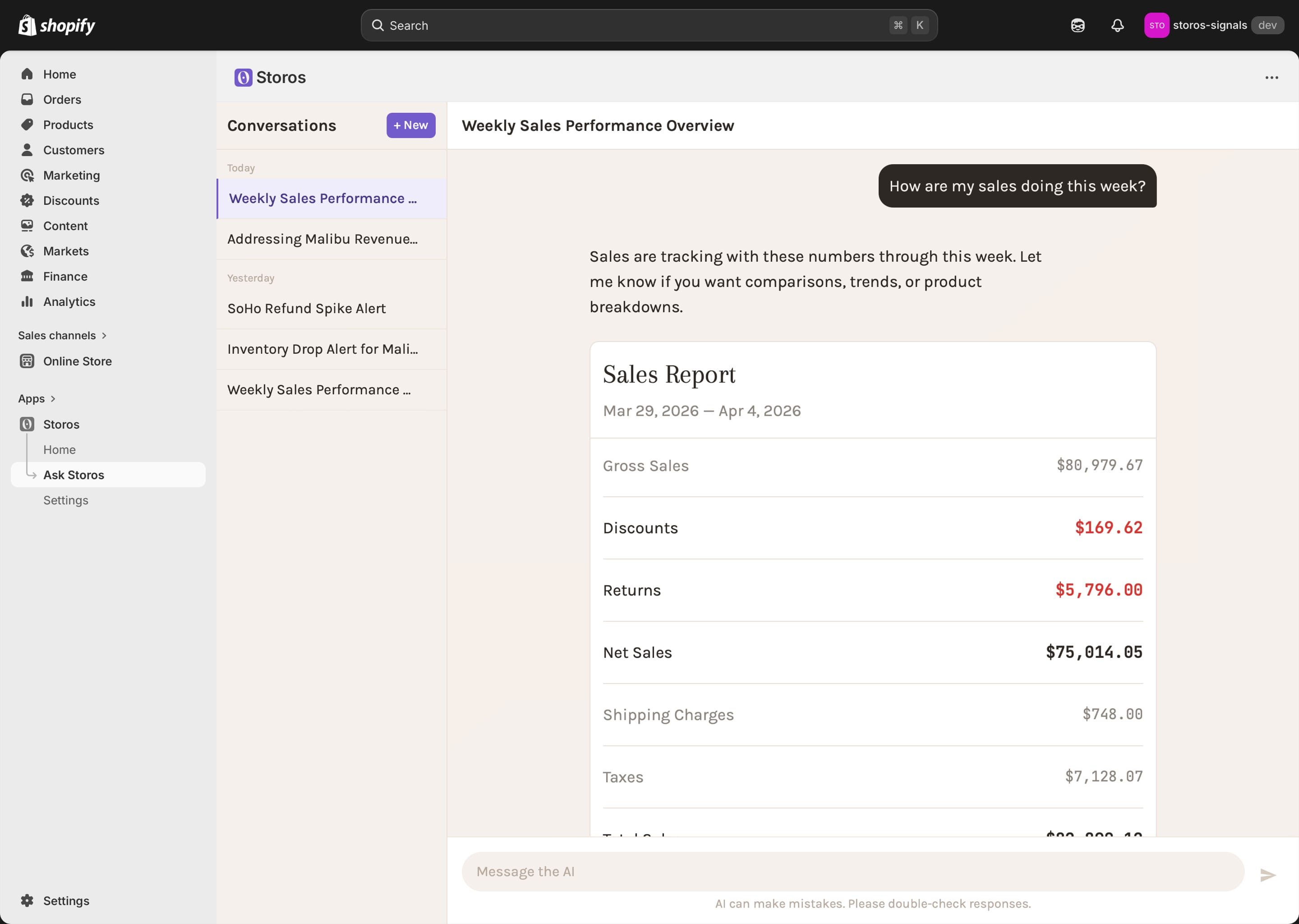 Storos Shopify chat interface